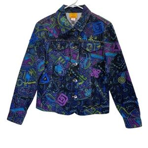 Ruby Rd. “Hearts of Palm” Blue and Purple Embroidered Denim Jean Jacket. Size 8